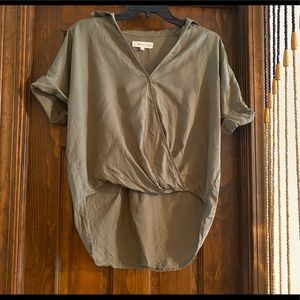 Ann Taylor Loft Lou & Grey Grayish Army Green Short Sleeve Wrap Shirt Top Sz XS